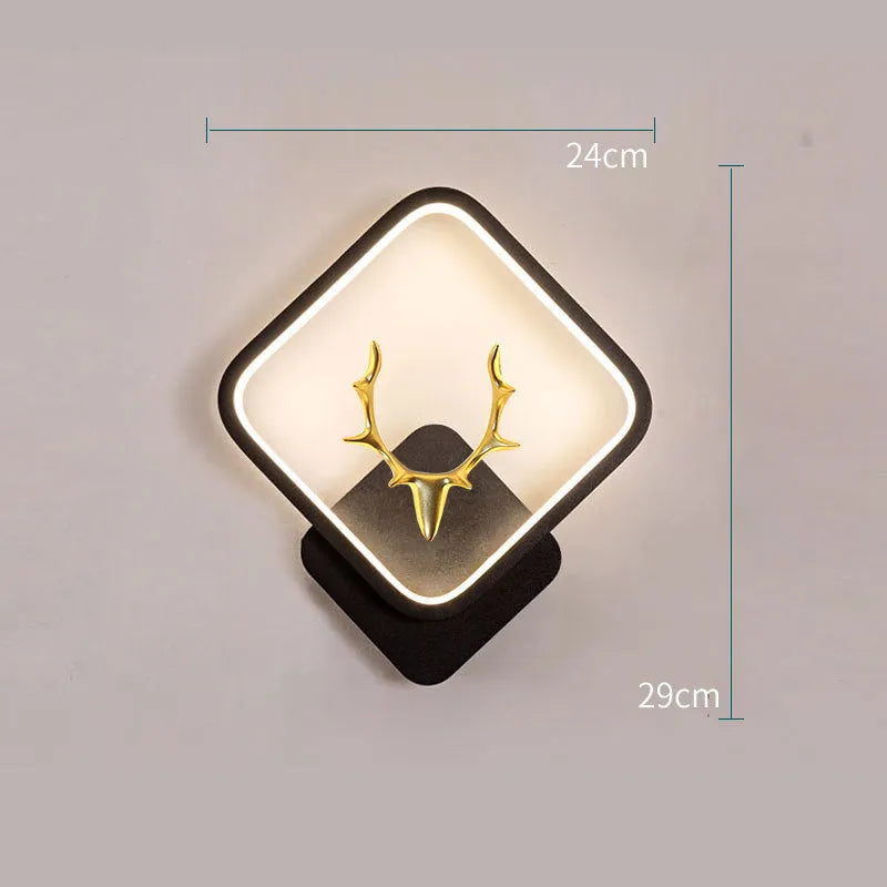 Nordic-style deer head wall lamp with antler design and remote control for dimmable lighting.