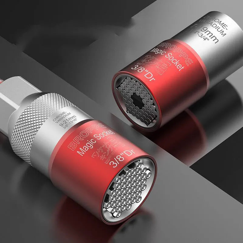 Red metric socket set with 7-19mm and 9-21mm universal sleeves and wrench