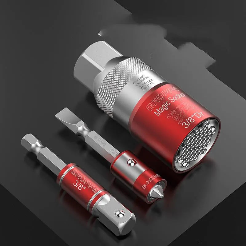 Red metric socket set with 7-19mm and 9-21mm universal sleeves and wrench