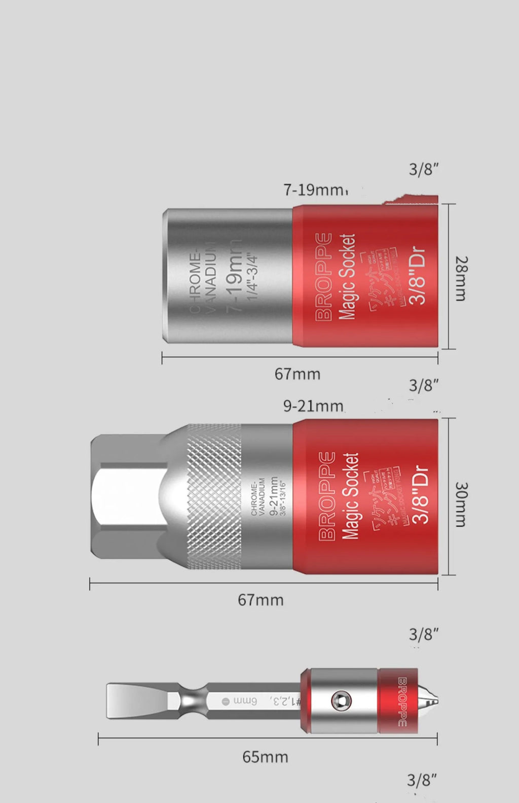 Red metric socket set with 7-19mm and 9-21mm universal sleeves and wrench