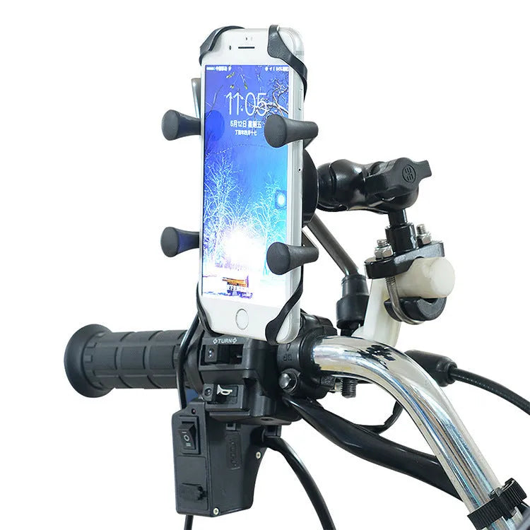 Black aluminium alloy motorcycle phone holder mounted on a bike handlebar, showing adjustable clamp for a mobile phone.