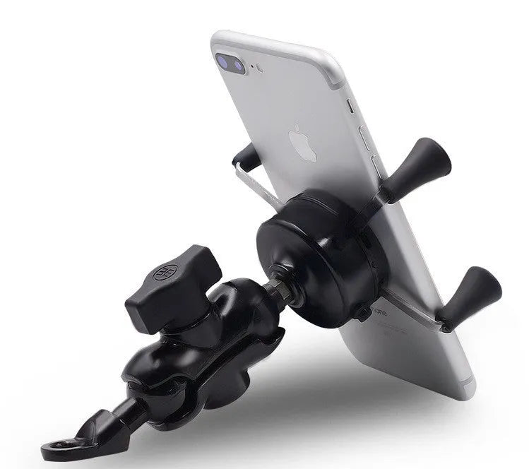 Black aluminium alloy motorcycle phone holder mounted on a bike handlebar, showing adjustable clamp for a mobile phone.