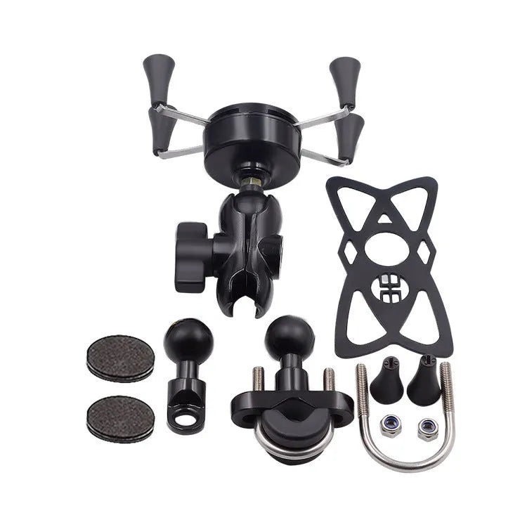 Black aluminium alloy motorcycle phone holder mounted on a bike handlebar, showing adjustable clamp for a mobile phone.