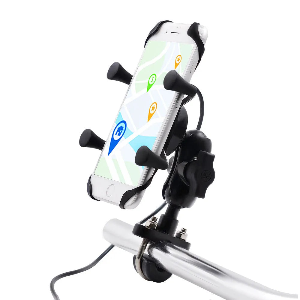 Black aluminium alloy motorcycle phone holder mounted on a bike handlebar, showing adjustable clamp for a mobile phone.