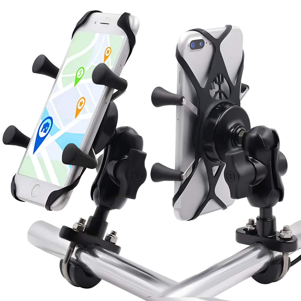 Black aluminium alloy motorcycle phone holder mounted on a bike handlebar, showing adjustable clamp for a mobile phone.
