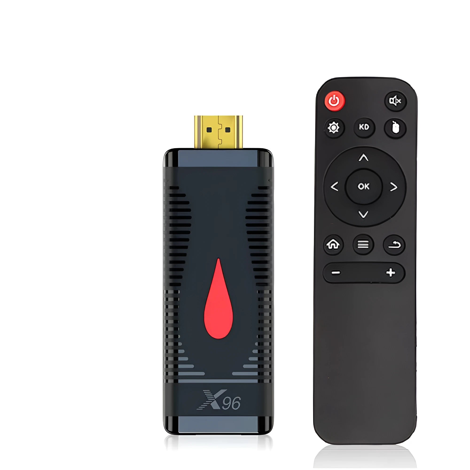 Smart network TV set-top box stick dongle with remote control and power supply on table