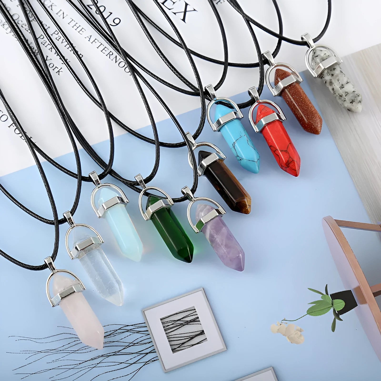 Natural stone bullet hexagon pillar pendant necklace on wax rope cord with extension chain