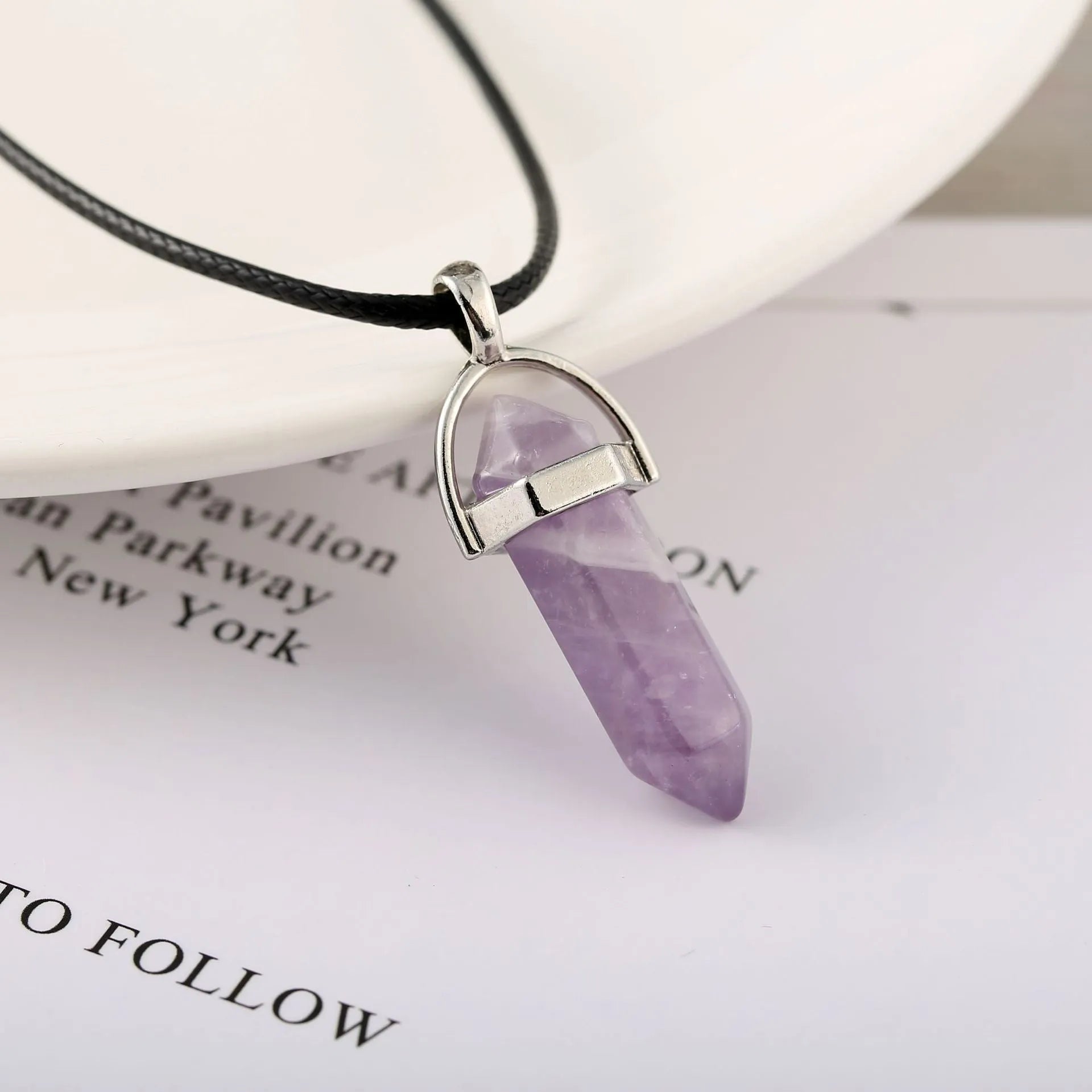 Natural stone bullet hexagon pillar pendant necklace on wax rope cord with extension chain