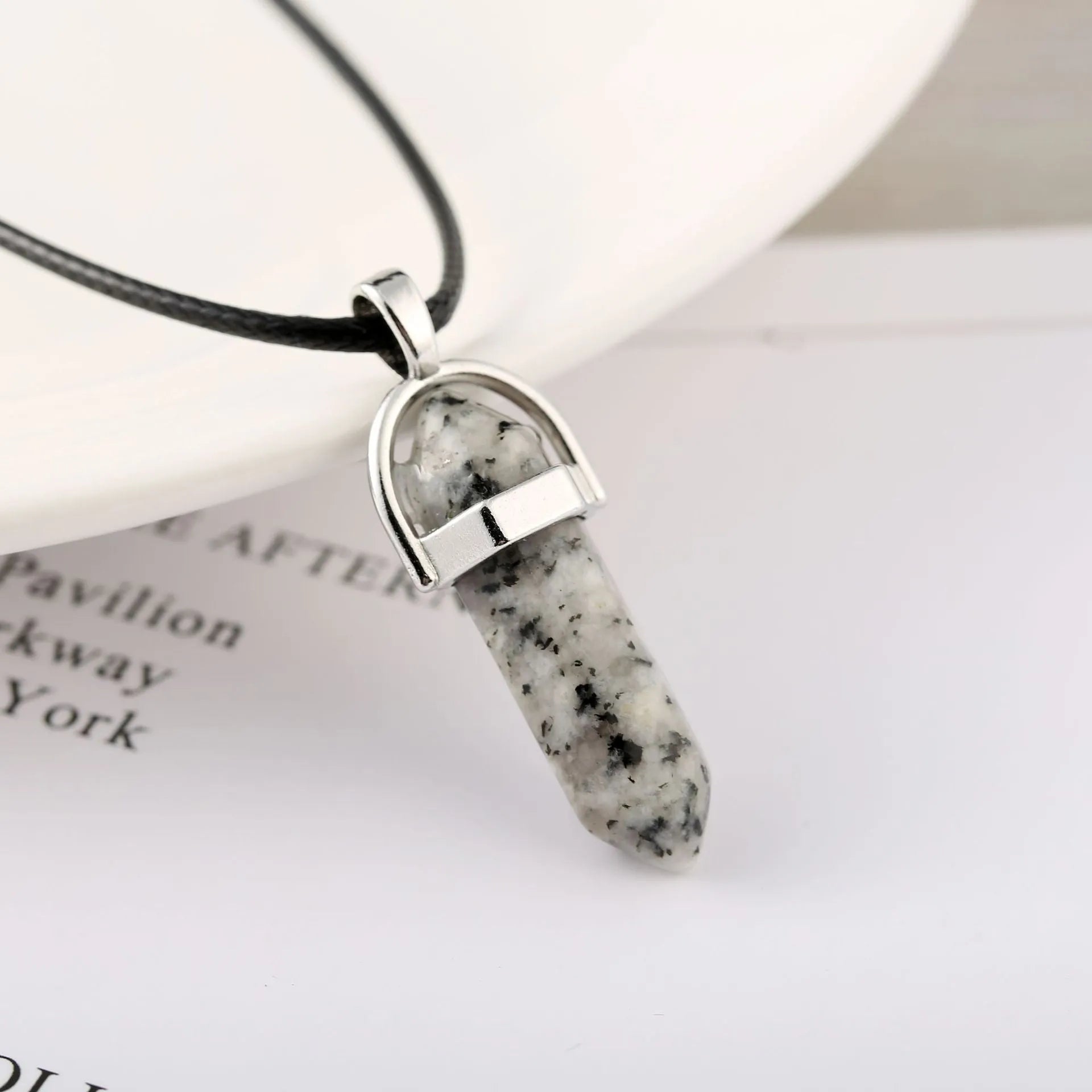 Natural stone bullet hexagon pillar pendant necklace on wax rope cord with extension chain