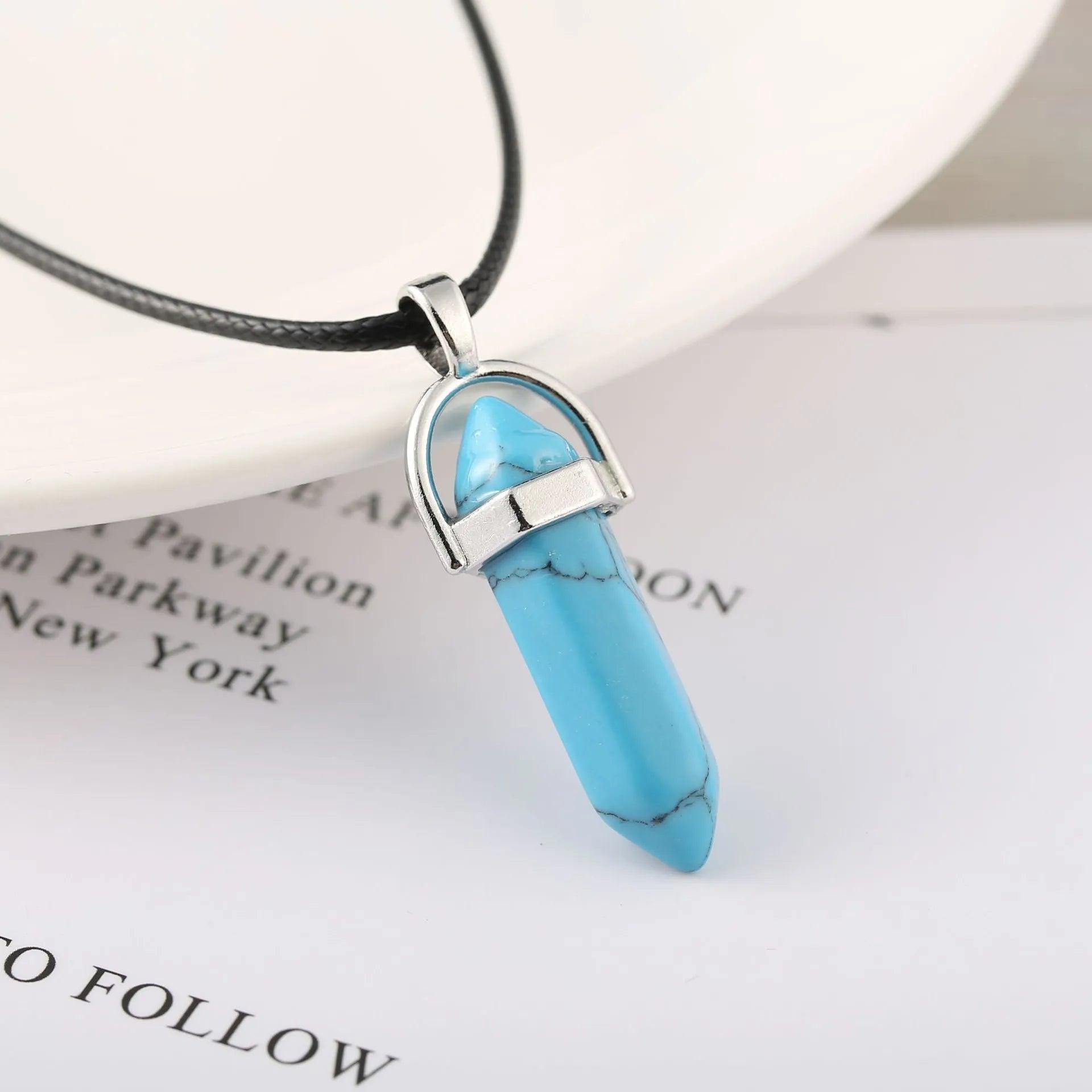 Natural stone bullet hexagon pillar pendant necklace on wax rope cord with extension chain