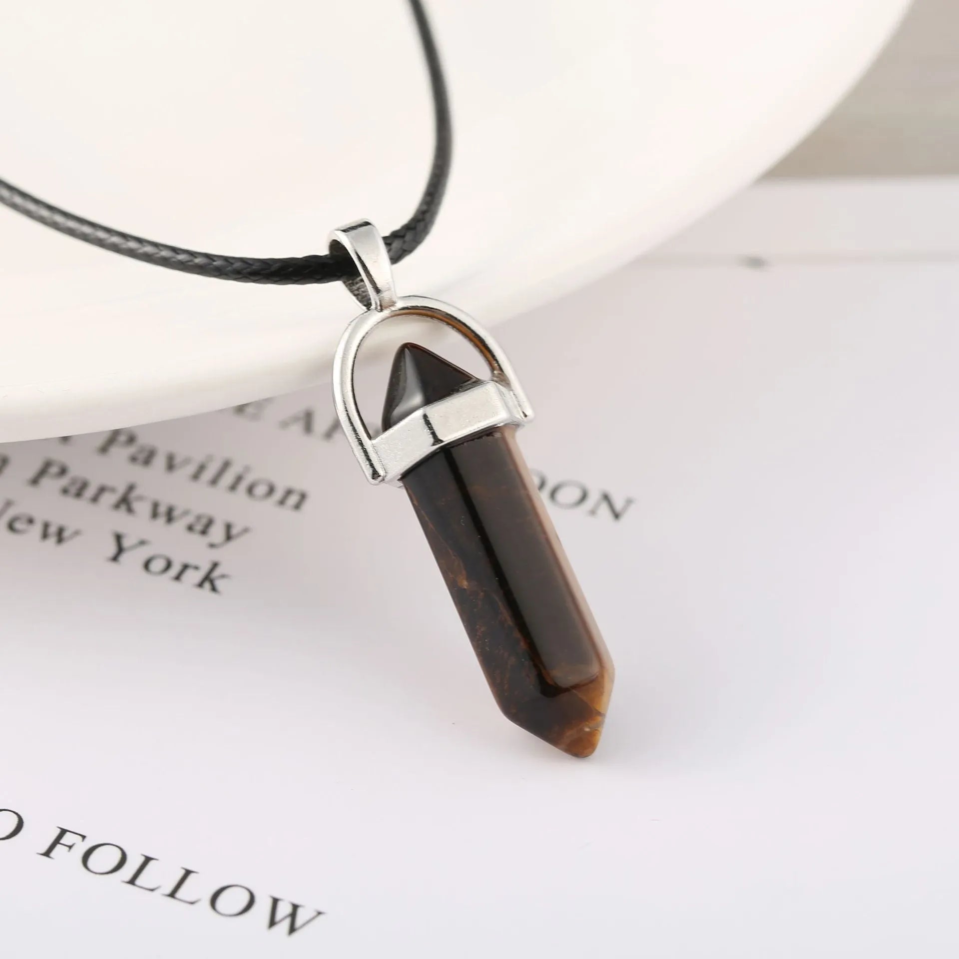 Natural stone bullet hexagon pillar pendant necklace on wax rope cord with extension chain