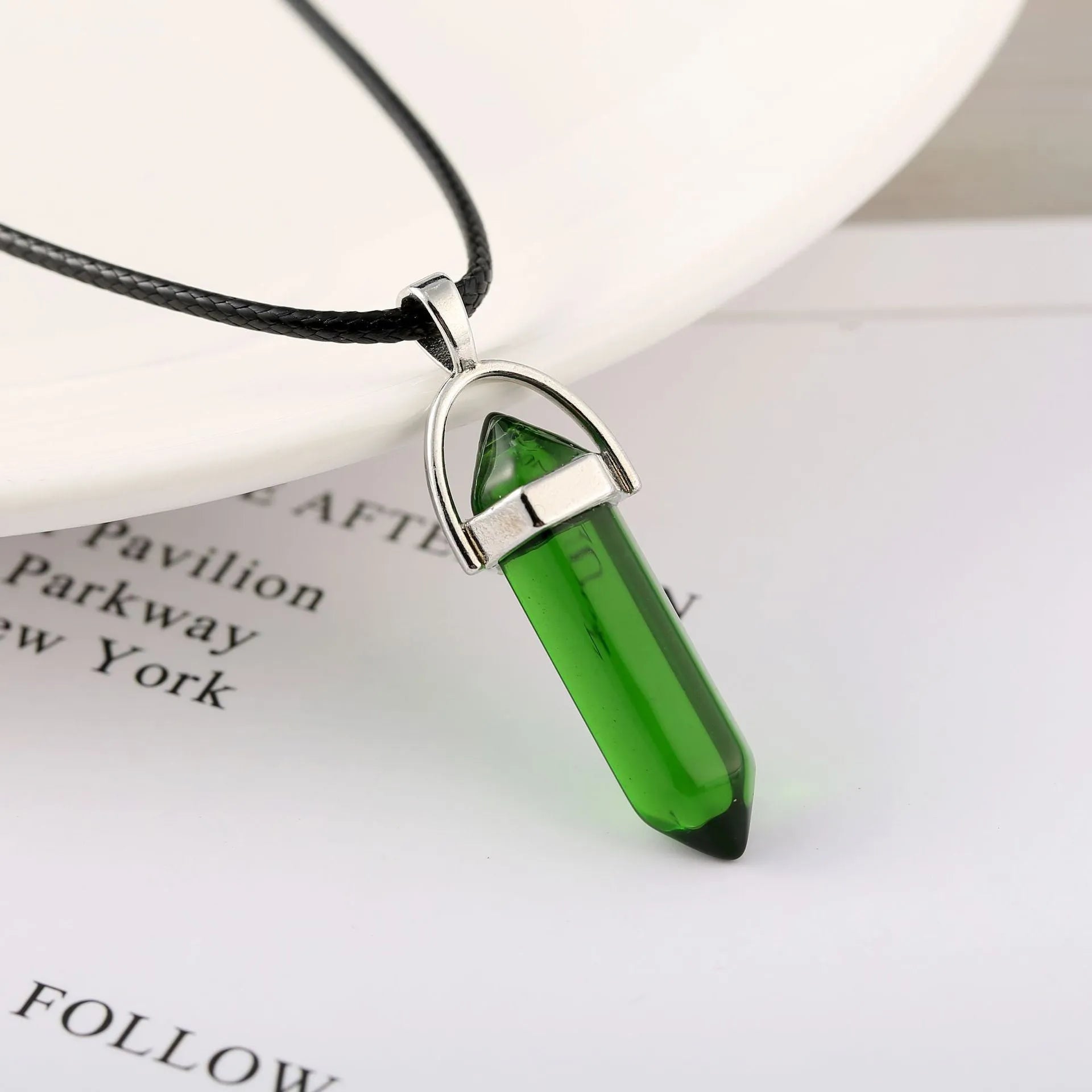Natural stone bullet hexagon pillar pendant necklace on wax rope cord with extension chain