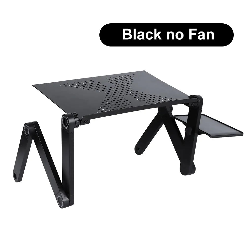 Folding aluminium alloy adjustable laptop desk with built-in fan and mouse panel on the right leg