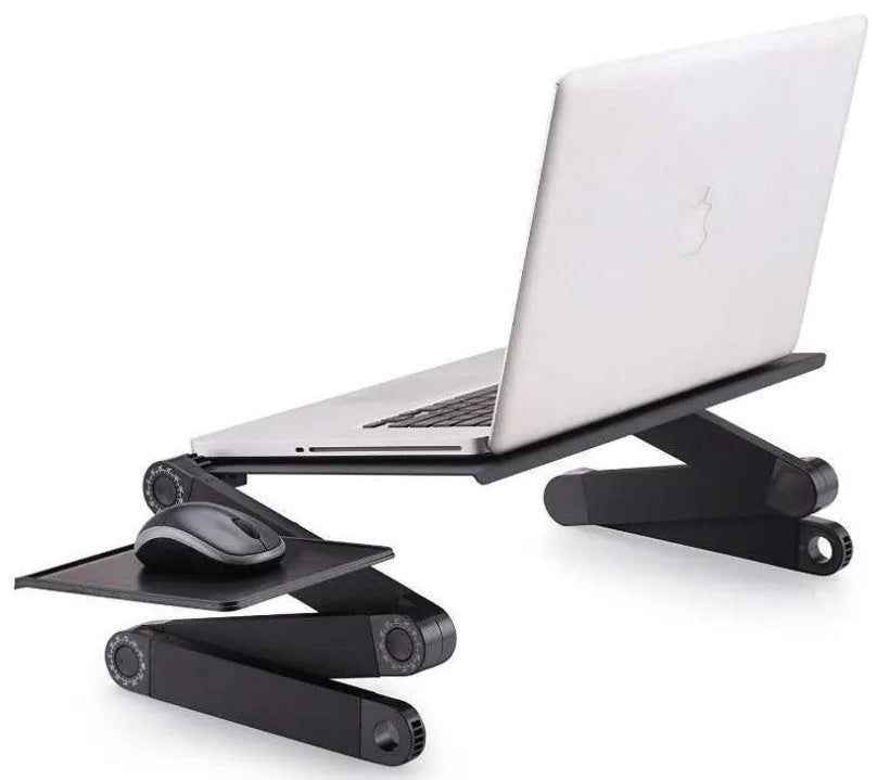 Folding aluminium alloy adjustable laptop desk with built-in fan and mouse panel on the right leg