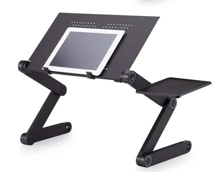 Folding aluminium alloy adjustable laptop desk with built-in fan and mouse panel on the right leg