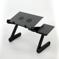 Folding aluminium alloy adjustable laptop desk with built-in fan and mouse panel on the right leg