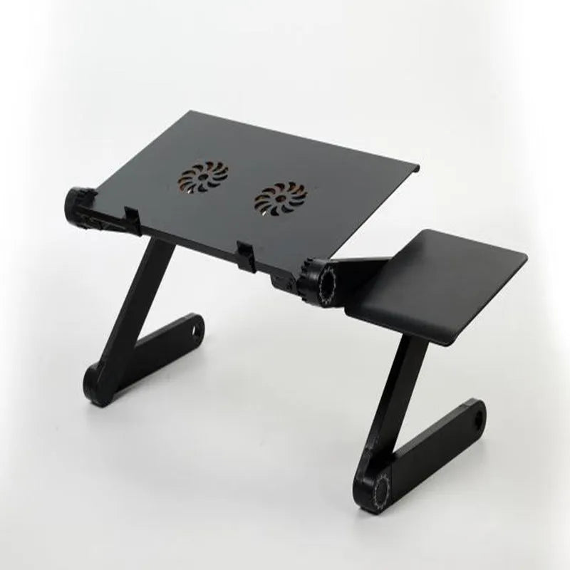 Folding aluminium alloy adjustable laptop desk with built-in fan and mouse panel on the right leg