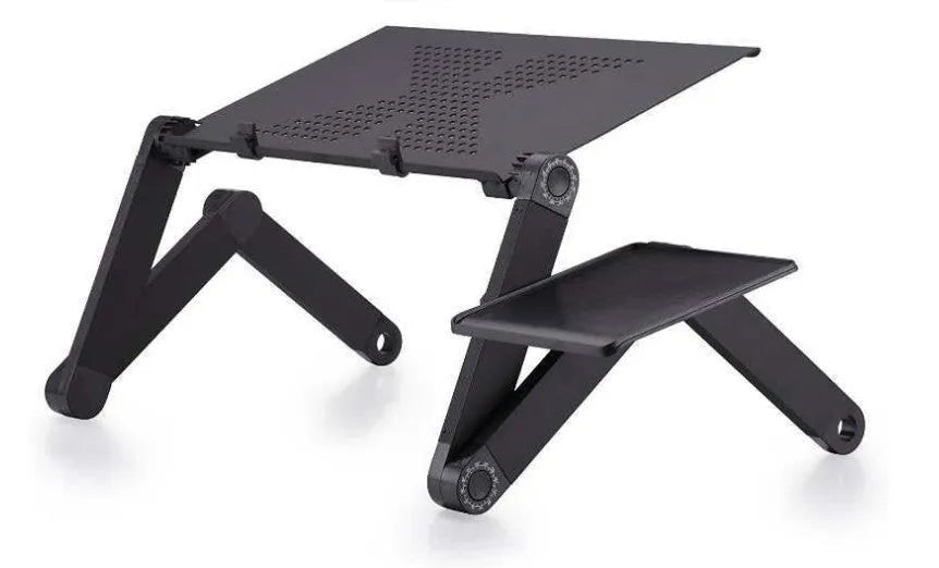 Folding aluminium alloy adjustable laptop desk with built-in fan and mouse panel on the right leg