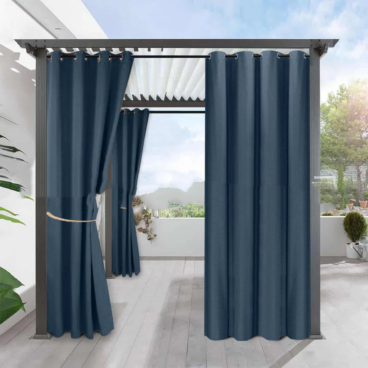 Full blackout solid colour curtain in beige, fine linen look polyester with perforated heading
