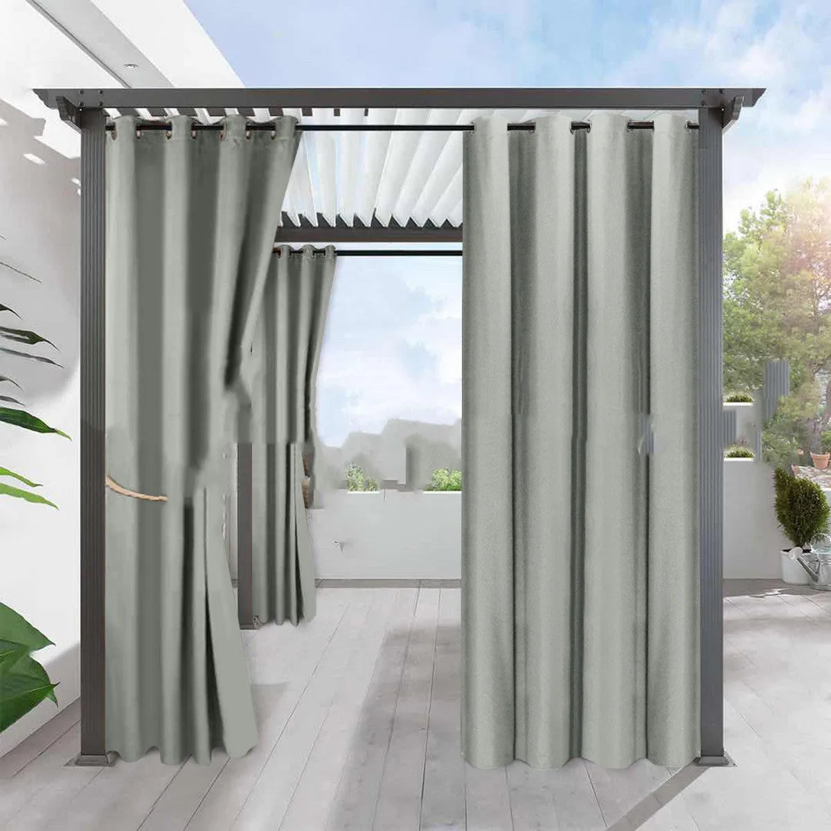 Full blackout solid colour curtain in beige, fine linen look polyester with perforated heading