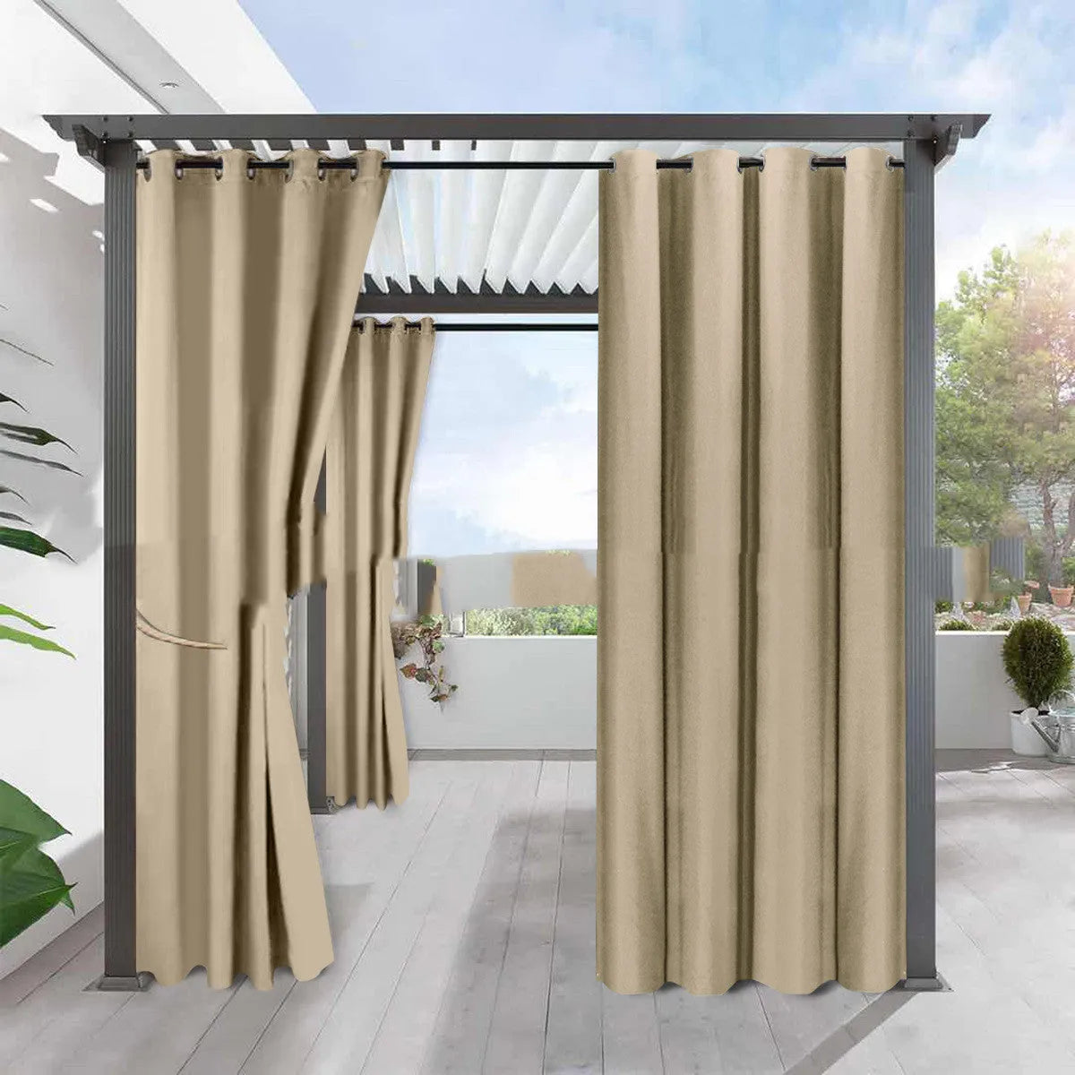 Full blackout solid colour curtain in beige, fine linen look polyester with perforated heading