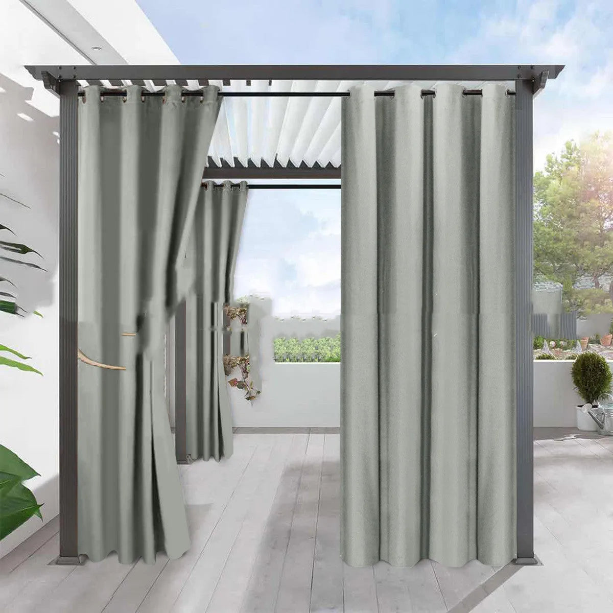 Full blackout solid colour curtain in beige, fine linen look polyester with perforated heading
