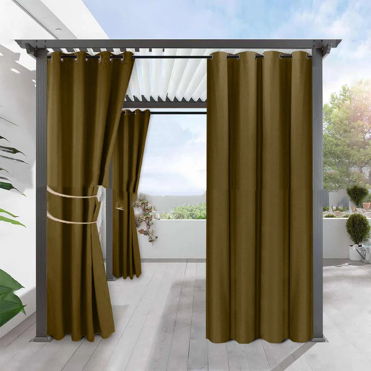 Full blackout solid colour curtain in beige, fine linen look polyester with perforated heading