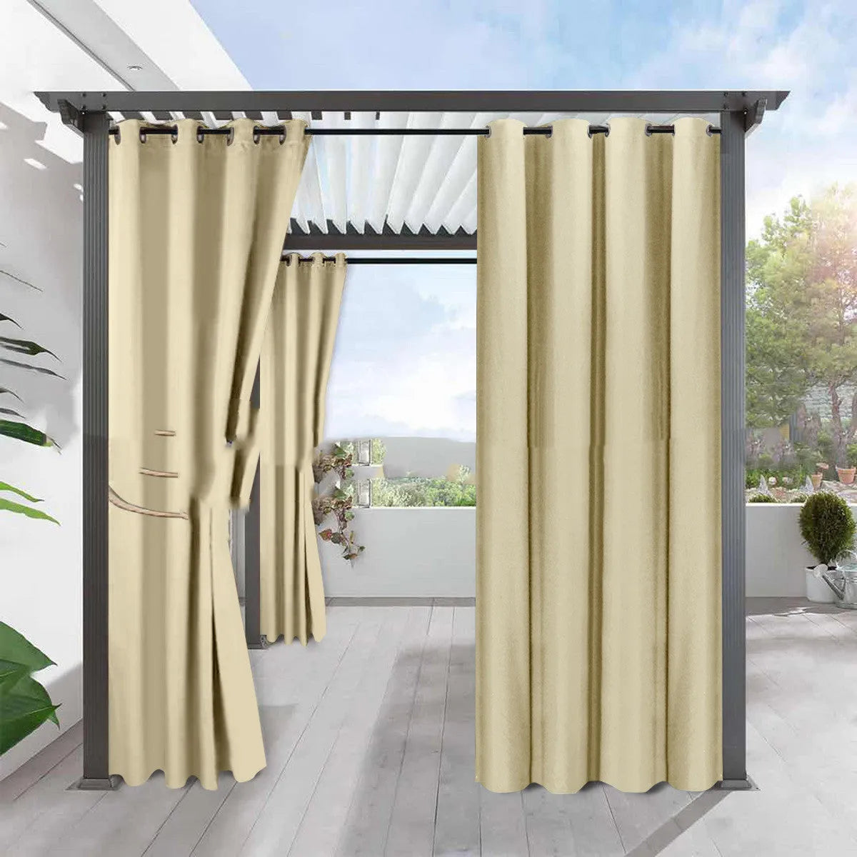 Full blackout solid colour curtain in beige, fine linen look polyester with perforated heading