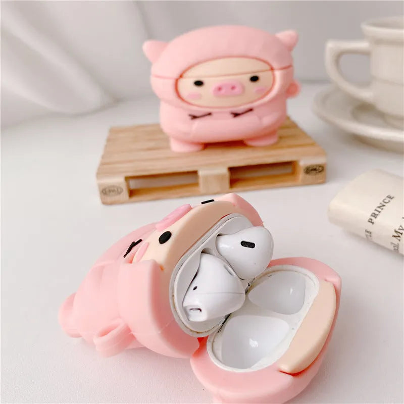 Sweater pink pig cartoon design silicone cover for Apple AirPods 1, 2 and Pro cases with an attached metal hook.