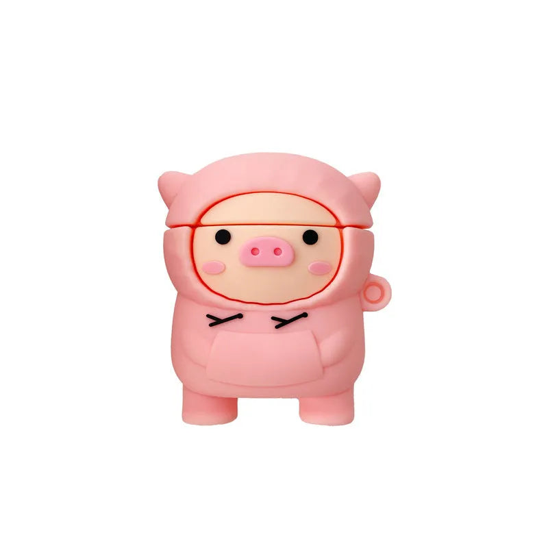 Sweater pink pig cartoon design silicone cover for Apple AirPods 1, 2 and Pro cases with an attached metal hook.