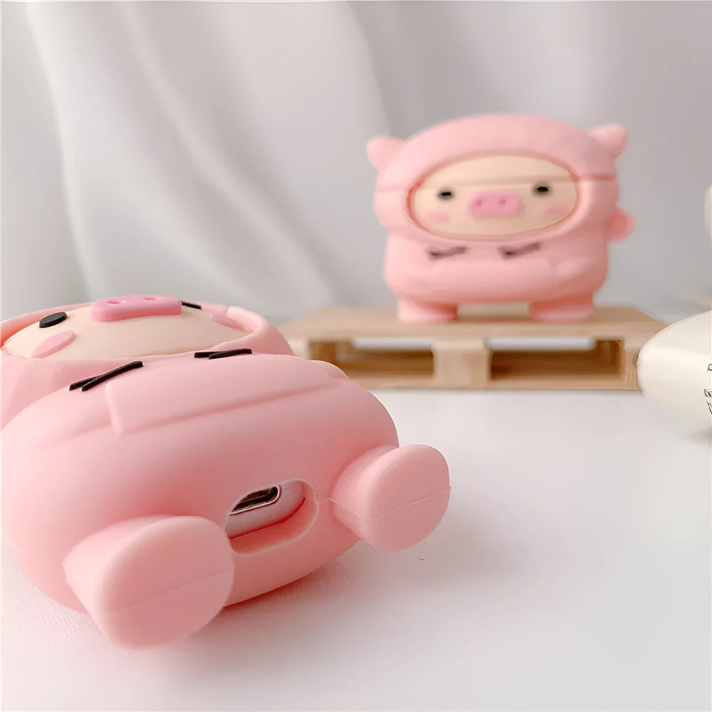 Sweater pink pig cartoon design silicone cover for Apple AirPods 1, 2 and Pro cases with an attached metal hook.