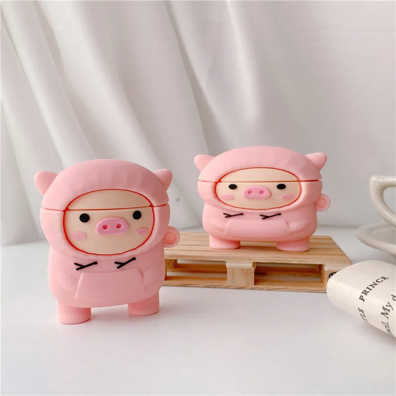 Sweater pink pig cartoon design silicone cover for Apple AirPods 1, 2 and Pro cases with an attached metal hook.