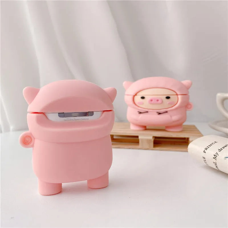 Sweater pink pig cartoon design silicone cover for Apple AirPods 1, 2 and Pro cases with an attached metal hook.