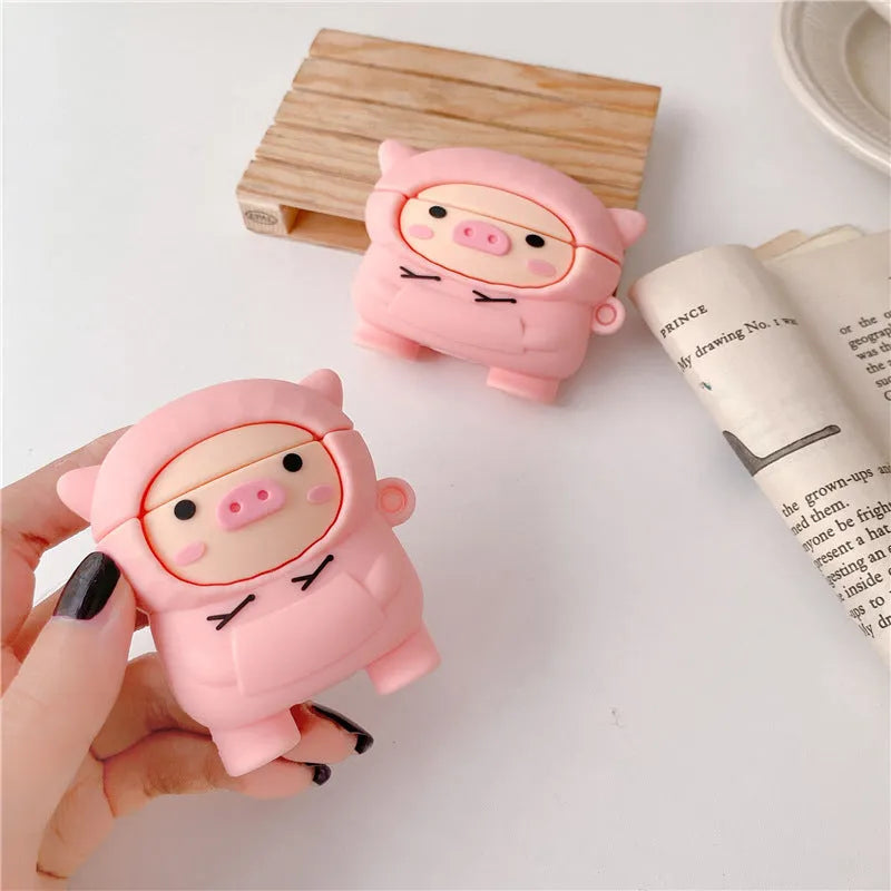Sweater pink pig cartoon design silicone cover for Apple AirPods 1, 2 and Pro cases with an attached metal hook.