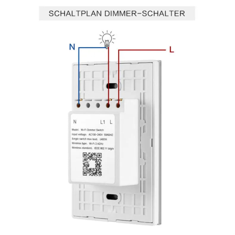 White 120 type smart wifi touch dimmer switch with tempered glass panel on a wall.