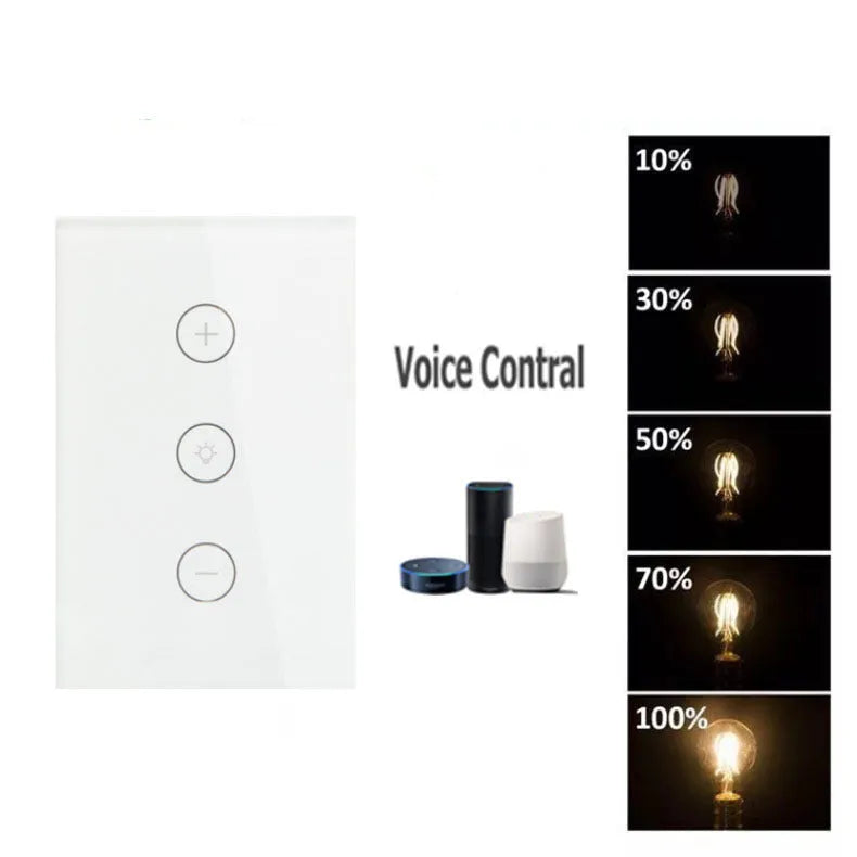 White 120 type smart wifi touch dimmer switch with tempered glass panel on a wall.