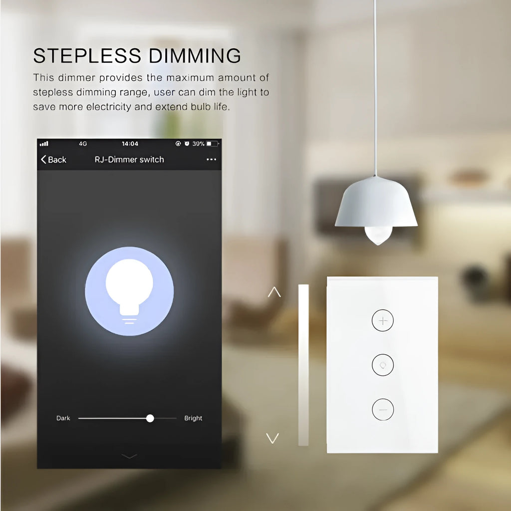 White 120 type smart wifi touch dimmer switch with tempered glass panel on a wall.