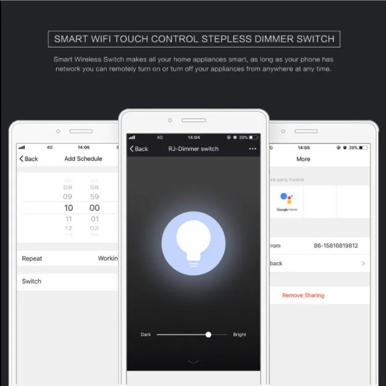 White 120 type smart wifi touch dimmer switch with tempered glass panel on a wall.
