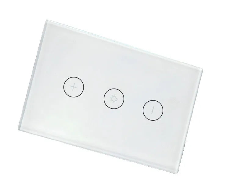 White 120 type smart wifi touch dimmer switch with tempered glass panel on a wall.
