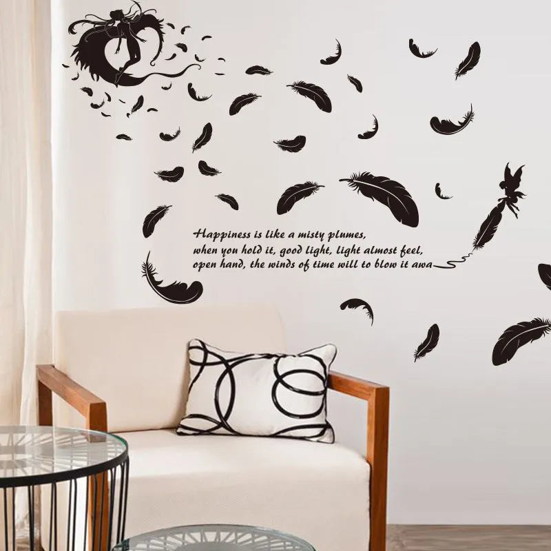 Black feather angel three generations design removable wall sticker measuring 50 by 70 centimetres.