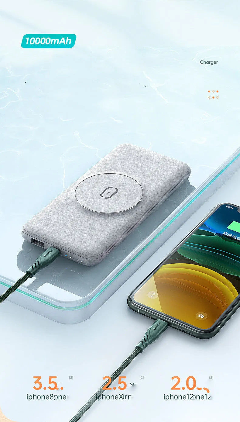 Maiduo Magsafe magnetic wireless power bank in mint green colour showing compact dimensions and back clip design