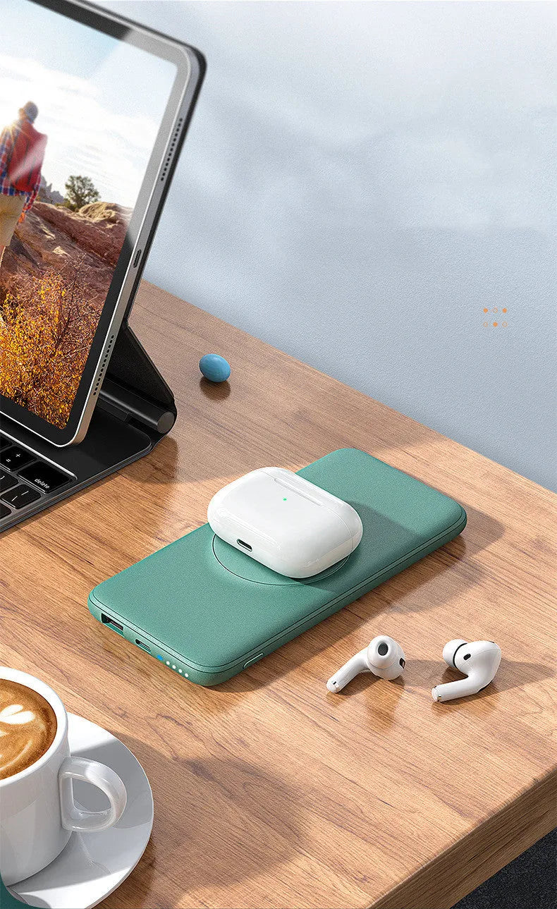 Maiduo Magsafe magnetic wireless power bank in mint green colour showing compact dimensions and back clip design