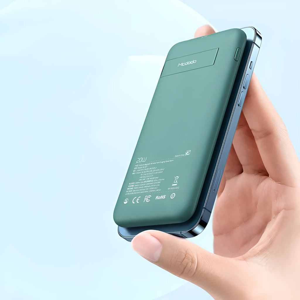 Maiduo Magsafe magnetic wireless power bank in mint green colour showing compact dimensions and back clip design