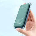 Maiduo Magsafe magnetic wireless power bank in mint green colour showing compact dimensions and back clip design
