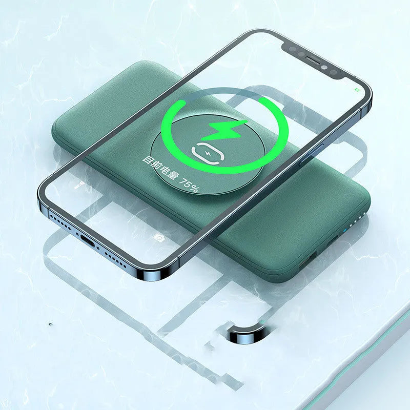Maiduo Magsafe magnetic wireless power bank in mint green colour showing compact dimensions and back clip design