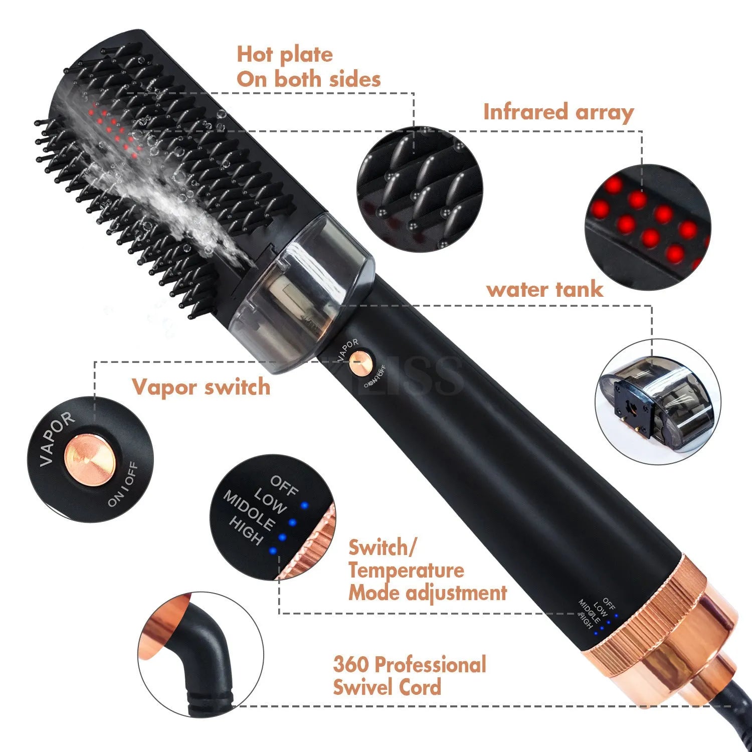 Black and pink tourmaline ceramic infrared hot air comb hair styler on a white background.
