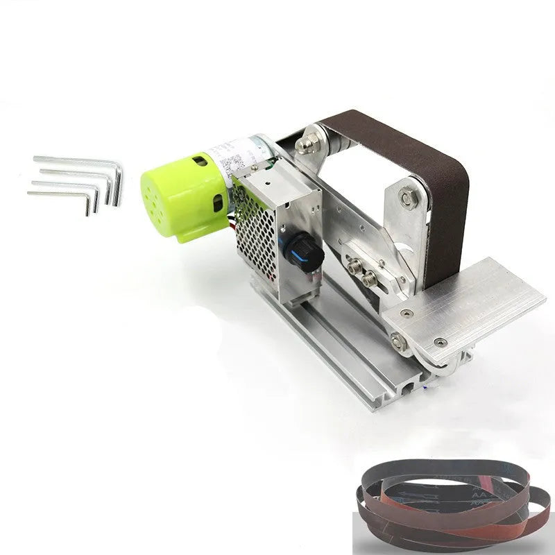 Model 895 desktop multifunctional belt sharpening machine with angle-adjusting head on a workbench.