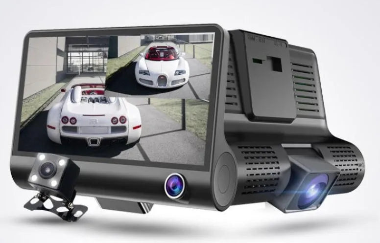 4-inch car 360 panoramic driving recorder with three-lens system and reversing image display on front windshield