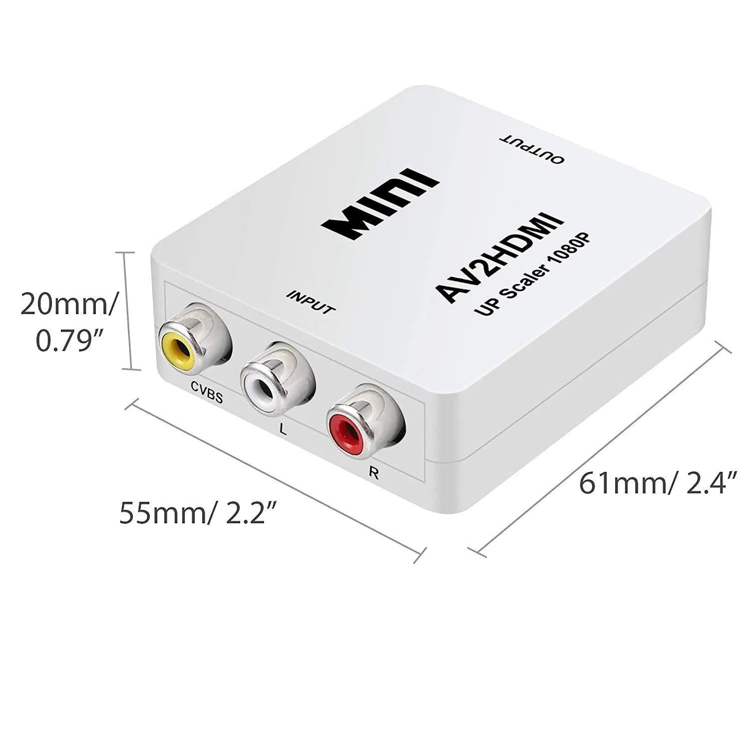 AV to HDMI converter unit with attached 0.5 metre HDMI cable in white or black colour