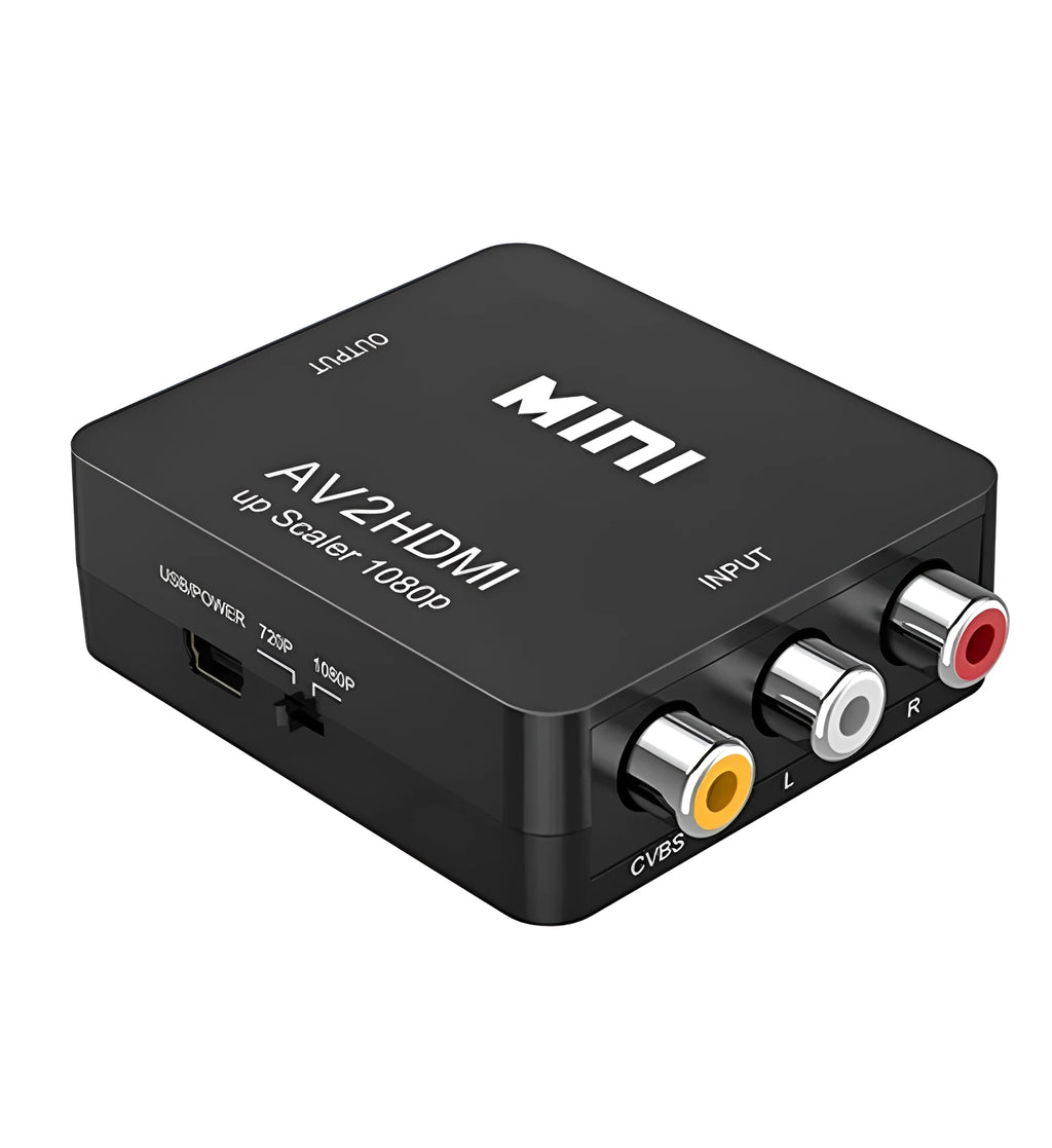 AV to HDMI converter unit with attached 0.5 metre HDMI cable in white or black colour
